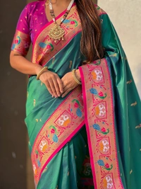 Rajhans Paithani Silk Saree with Gold Zari Meenakari Peacock & Swan Motifs - FREE, P.GREEN
