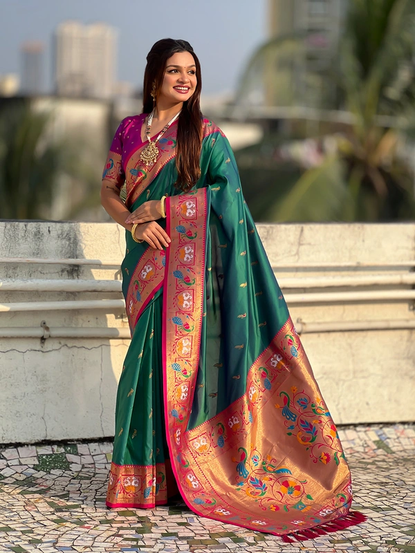 Rajhans Paithani Silk Saree with Gold Zari Meenakari Peacock & Swan Motifs - FREE, P.GREEN