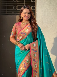 Rajhans Paithani Silk Saree with Gold Zari Meenakari Peacock & Swan Motifs - FREE, SKY