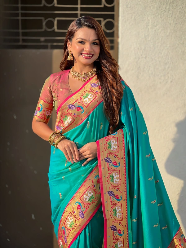 Rajhans Paithani Silk Saree with Gold Zari Meenakari Peacock & Swan Motifs - FREE, SKY