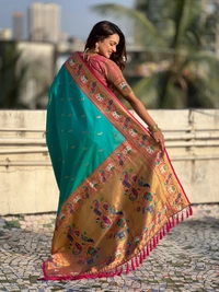 Rajhans Paithani Silk Saree with Gold Zari Meenakari Peacock & Swan Motifs - FREE, SKY