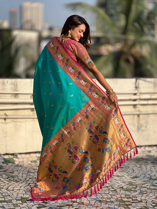 Rajhans Paithani Silk Saree with Gold Zari Meenakari Peacock & Swan Motifs - FREE, SKY