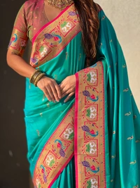 Rajhans Paithani Silk Saree with Gold Zari Meenakari Peacock & Swan Motifs - FREE, SKY