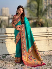 Rajhans Paithani Silk Saree with Gold Zari Meenakari Peacock & Swan Motifs - FREE, SKY