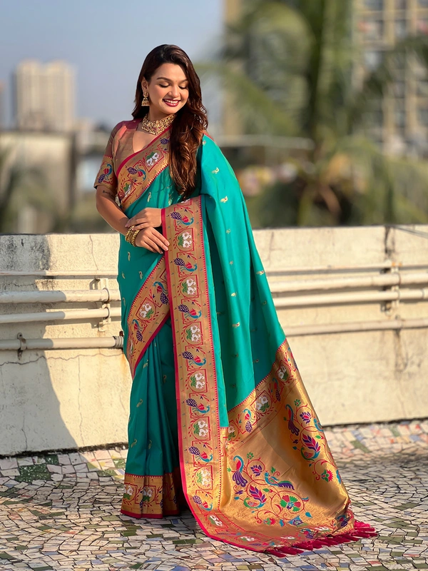 Rajhans Paithani Silk Saree with Gold Zari Meenakari Peacock & Swan Motifs - FREE, SKY