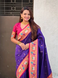 Rajhans Paithani Silk Saree with Gold Zari Meenakari Peacock & Swan Motifs - FREE, VIOLET