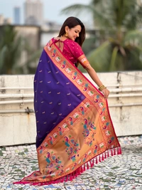 Rajhans Paithani Silk Saree with Gold Zari Meenakari Peacock & Swan Motifs - FREE, VIOLET