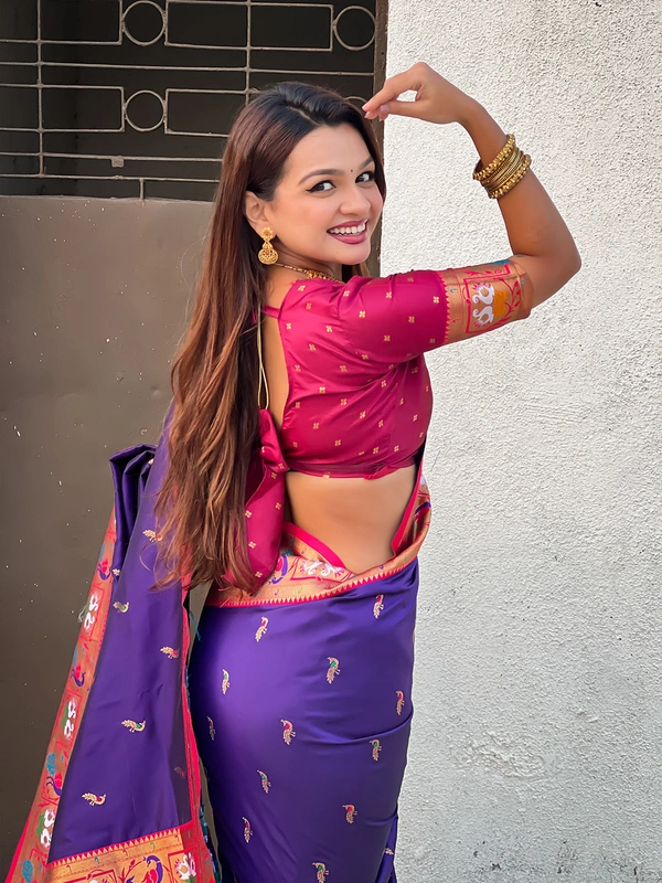 Rajhans Paithani Silk Saree with Gold Zari Meenakari Peacock & Swan Motifs - FREE, VIOLET