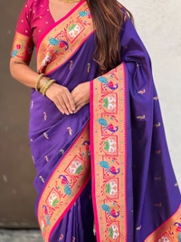 Rajhans Paithani Silk Saree with Gold Zari Meenakari Peacock & Swan Motifs - FREE, VIOLET