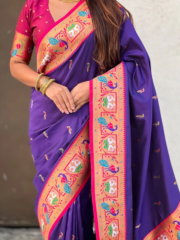 Rajhans Paithani Silk Saree with Gold Zari Meenakari Peacock & Swan Motifs - FREE, VIOLET