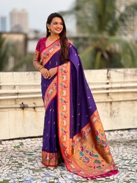 Rajhans Paithani Silk Saree with Gold Zari Meenakari Peacock & Swan Motifs - FREE, VIOLET