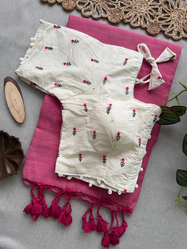 PAITHANI_HOUSE11 Ready-to-Style Khadi Cotton Saree - Designer Heavy Embroidery Padded Blouse (Size 38-42)-CF- 186 - FREE, LIGHT PINK