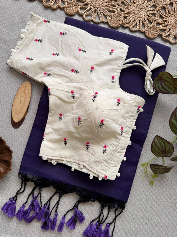 PAITHANI_HOUSE11 Ready-to-Style Khadi Cotton Saree - Designer Heavy Embroidery Padded Blouse (Size 38-42)-CF- 186 - FREE, NEVY BLUE