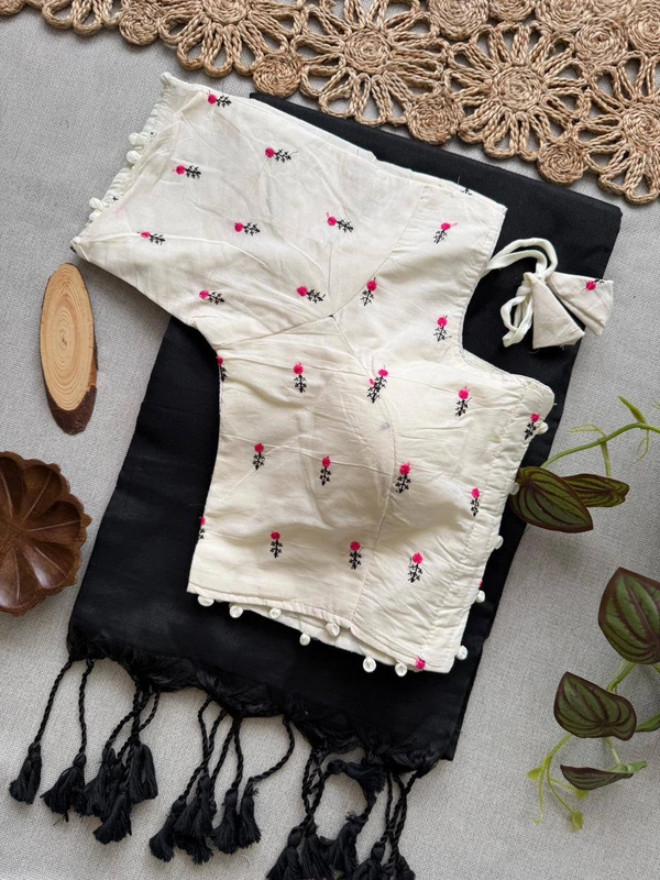 PAITHANI_HOUSE11 Ready-to-Style Khadi Cotton Saree - Designer Heavy Embroidery Padded Blouse (Size 38-42)-CF- 186 - FREE, BLACK