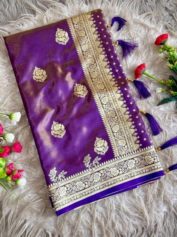 Royal Banarasi Glass Satin Tissue Silk Saree - Elegant Woven Floral Border for Weddings