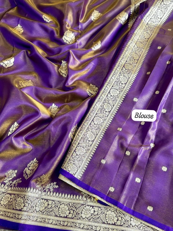 Royal Banarasi Glass Satin Tissue Silk Saree - Elegant Woven Floral Border for Weddings - FREE, Purple