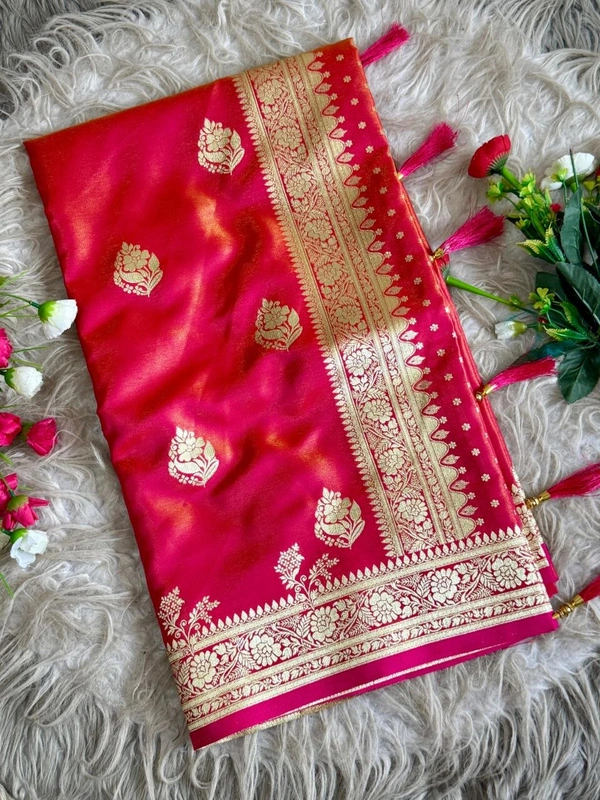 Royal Banarasi Glass Satin Tissue Silk Saree - Elegant Woven Floral Border for Weddings