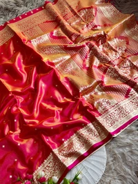 Royal Banarasi Glass Satin Tissue Silk Saree - Elegant Woven Floral Border for Weddings - FREE, Cherry Red