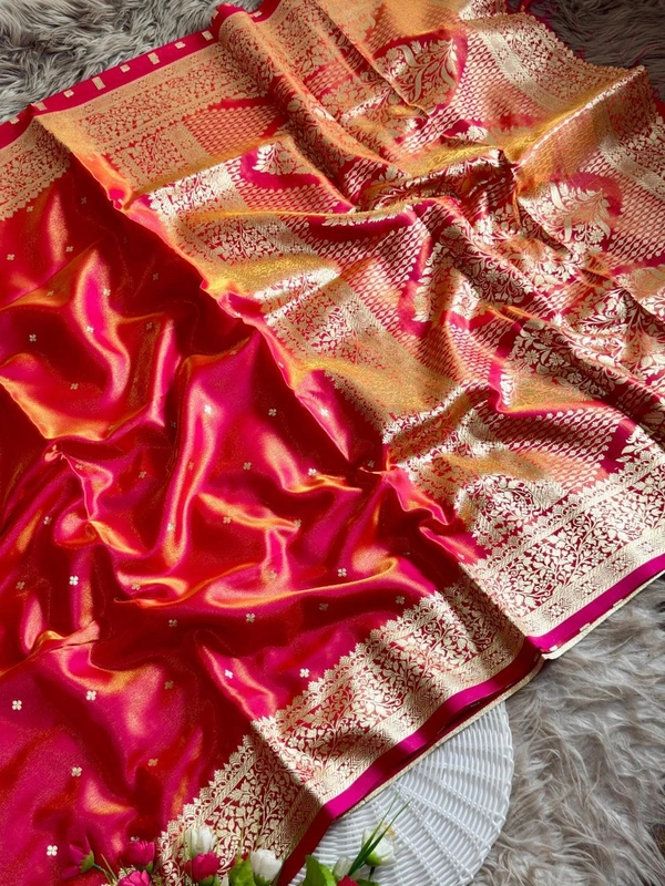 Royal Banarasi Glass Satin Tissue Silk Saree - Elegant Woven Floral Border for Weddings - FREE, Cherry Red
