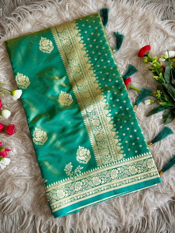 Royal Banarasi Glass Satin Tissue Silk Saree - Elegant Woven Floral Border for Weddings