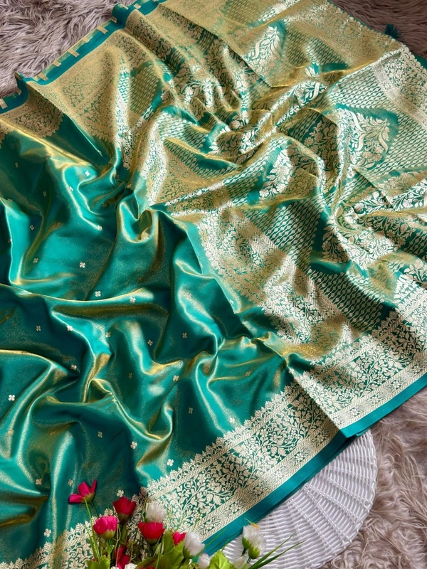 Royal Banarasi Glass Satin Tissue Silk Saree - Elegant Woven Floral Border for Weddings - FREE, Emerald Green