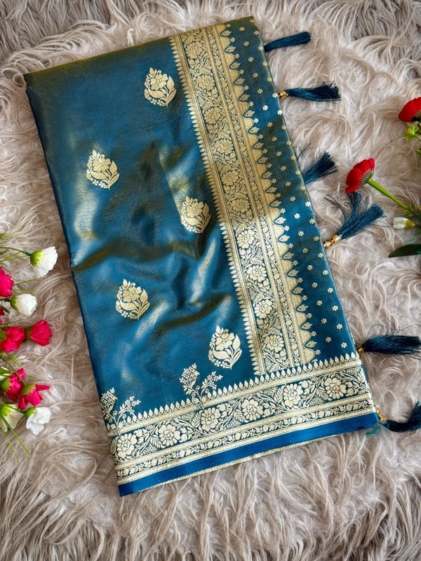 Royal Banarasi Glass Satin Tissue Silk Saree - Elegant Woven Floral Border for Weddings