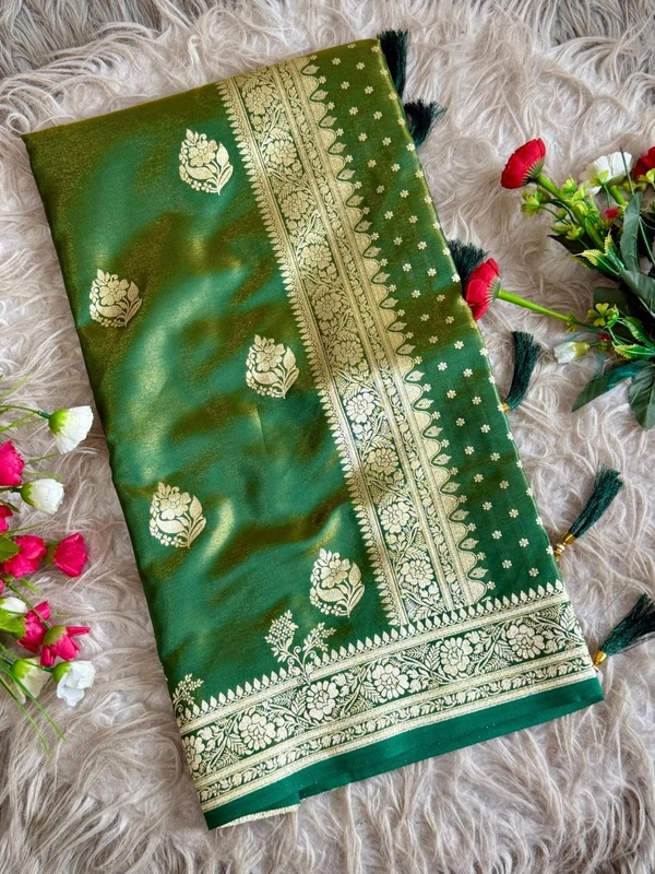 Royal Banarasi Glass Satin Tissue Silk Saree - Elegant Woven Floral Border for Weddings
