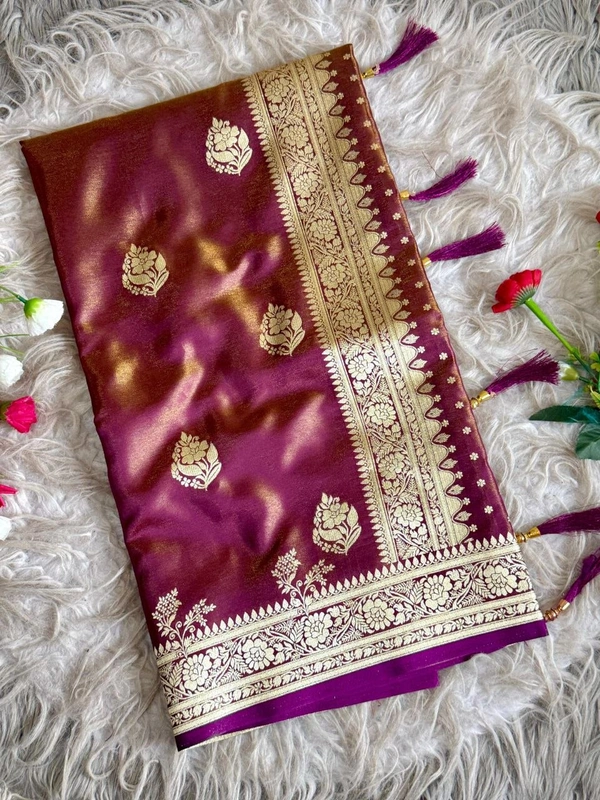 Royal Banarasi Glass Satin Tissue Silk Saree - Elegant Woven Floral Border for Weddings