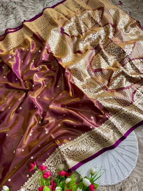 Royal Banarasi Glass Satin Tissue Silk Saree - Elegant Woven Floral Border for Weddings - FREE, Wine
