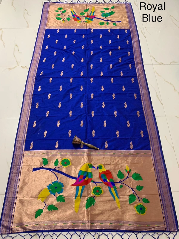 Royal Blue Soft Silk Paithani Dupatta with Traditional Parrot Motif Gold Tissue - 2.5mt, Royal Blue