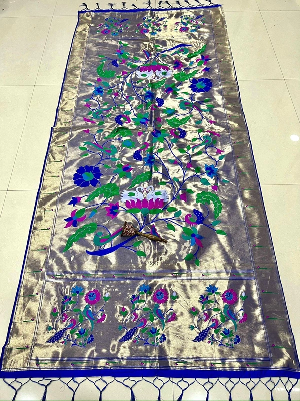 Royal Blue Soft Silk Yeola Paithani Dupatta with Grand Gold Tissue Meenakari Style - 2.5mt, Royal Blue