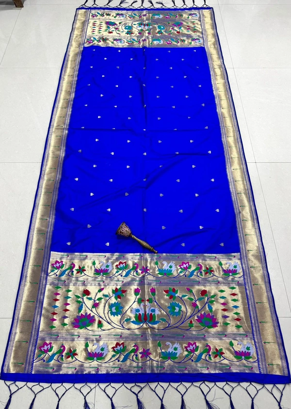 Royal Blue Soft Silk Yeola Paithani Dupatta with Heavy Gold Weaving Pallu and Butti Work.jpeg - 2.5mt, Royal Blue