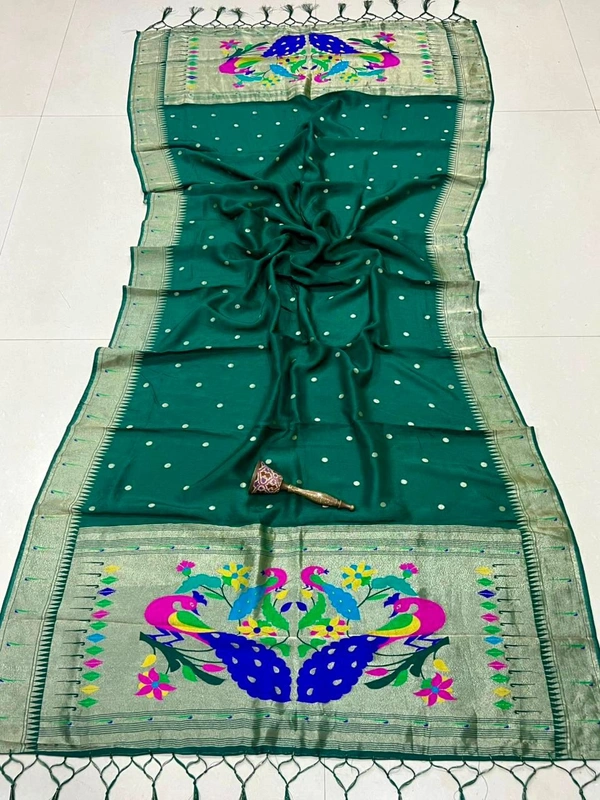 Royal Emerald Green Viscose Silk Dupatta with Rich Golden Zari Border & Peacock Design - 2.5mt, Green