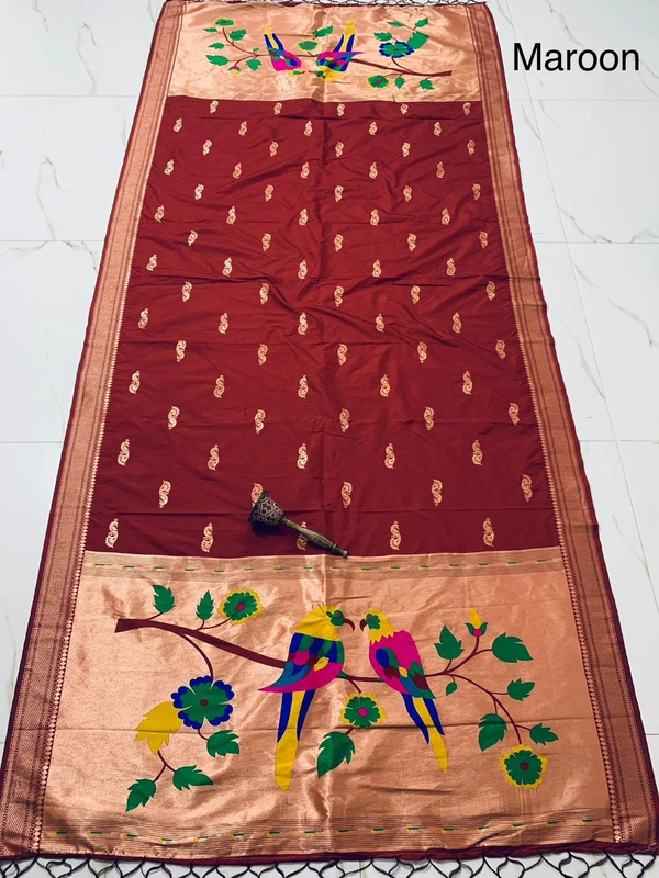 Royal Maroon Soft Silk Yeola Paithani Dupatta with Heavy Gold Tissue Parrot Motif - 2.5mt, Maroon