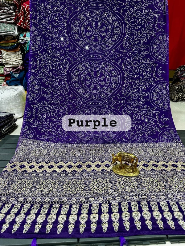 Royal Purple Bandhani Print Saree with Intricate Mandala Motifs, Sparkling Mirror Work and Heavy Golden Zari Woven Pallu - Free, Purple