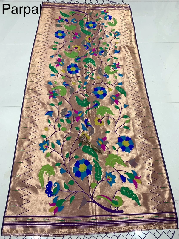 Royal Purple Soft Silk with Heritage Paithani Peacock Motifs and All Over Flower Vines - 2.5mt, Purple