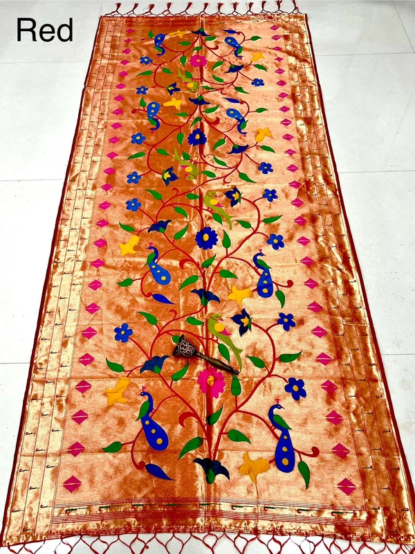 Royal Red Paithani Silk Saree with Rich Golden Zari Pallu & All-Over Meenakari Peacock Jaal.jpeg - 2.5mt, RED