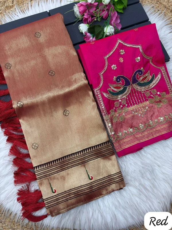 Royal Soft Zari Tissue Paithani Saree with Handloom-Style Weaving and Designer Blouse Piece - Free, Red