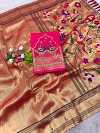 Royal Soft Zari Tissue Paithani Saree with Handloom-Style Weaving and Designer Blouse Piece - Free, Red