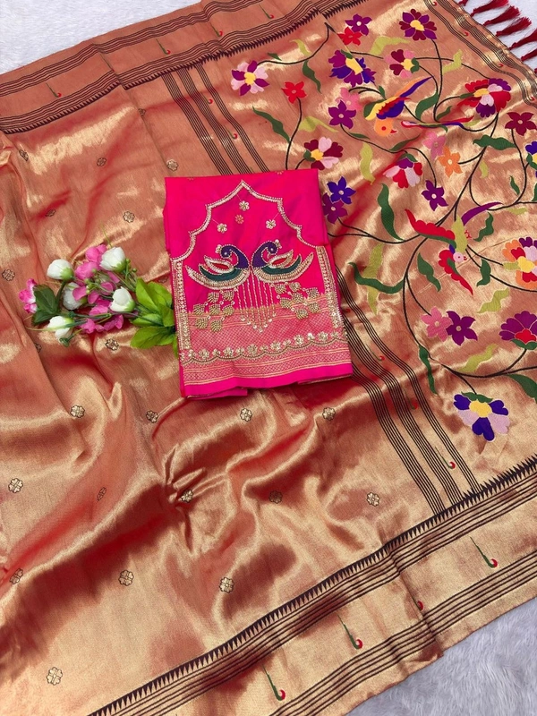 Royal Soft Zari Tissue Paithani Saree with Handloom-Style Weaving and Designer Blouse Piece - Free, Red
