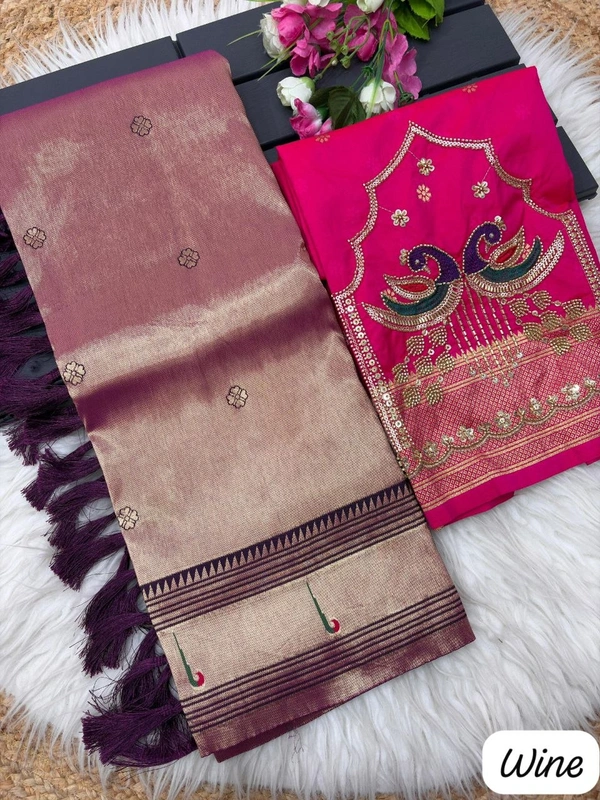 Royal Soft Zari Tissue Paithani Saree with Handloom-Style Weaving and Designer Blouse Piece - Free, Wine