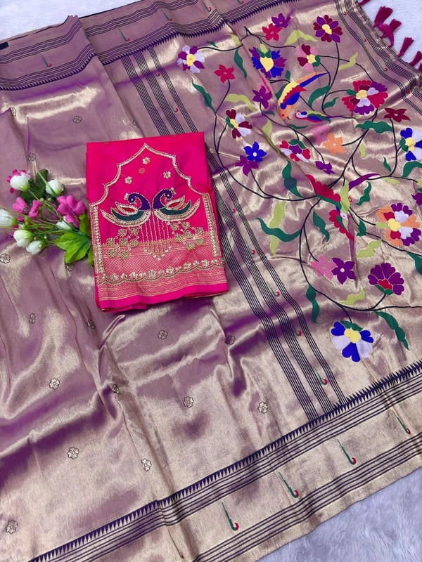 Royal Soft Zari Tissue Paithani Saree with Handloom-Style Weaving and Designer Blouse Piece - Free, Wine