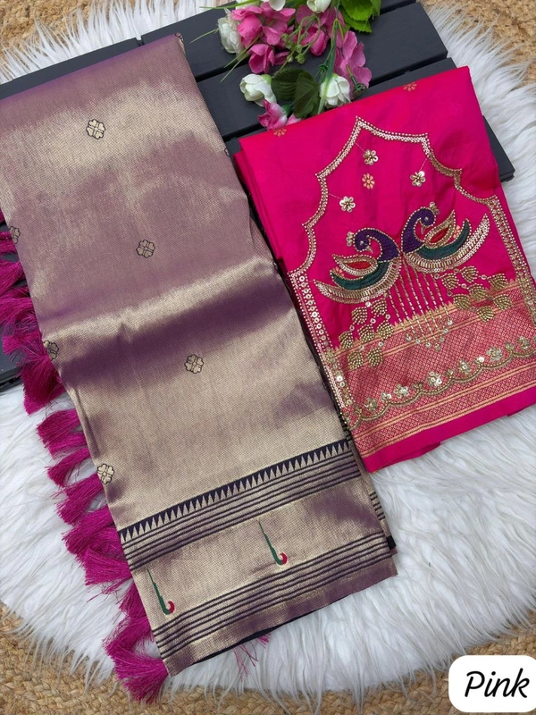 Royal Soft Zari Tissue Paithani Saree with Handloom-Style Weaving and Designer Blouse Piece - Free, Pink