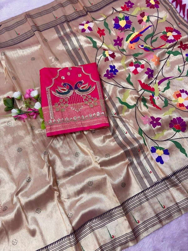 Royal Soft Zari Tissue Paithani Saree with Handloom-Style Weaving and Designer Blouse Piece - Free, Pink