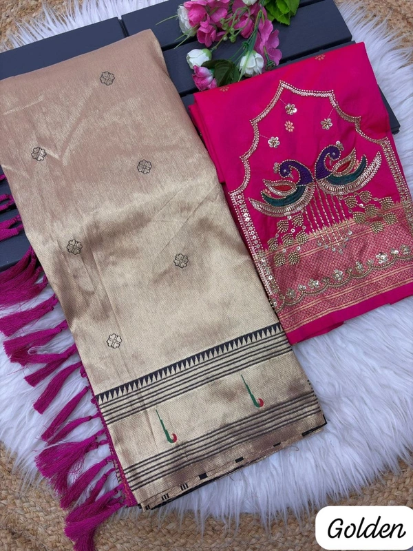 Royal Soft Zari Tissue Paithani Saree with Handloom-Style Weaving and Designer Blouse Piece - Free, Golden