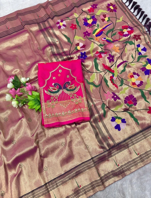 Royal Soft Zari Tissue Paithani Saree with Handloom-Style Weaving and Designer Blouse Piece - Free, Golden