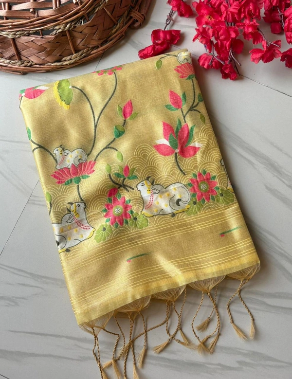 Shanaya Soft Linen Cotton Saree with Zari Woven Muniya Border & Pichwai Art