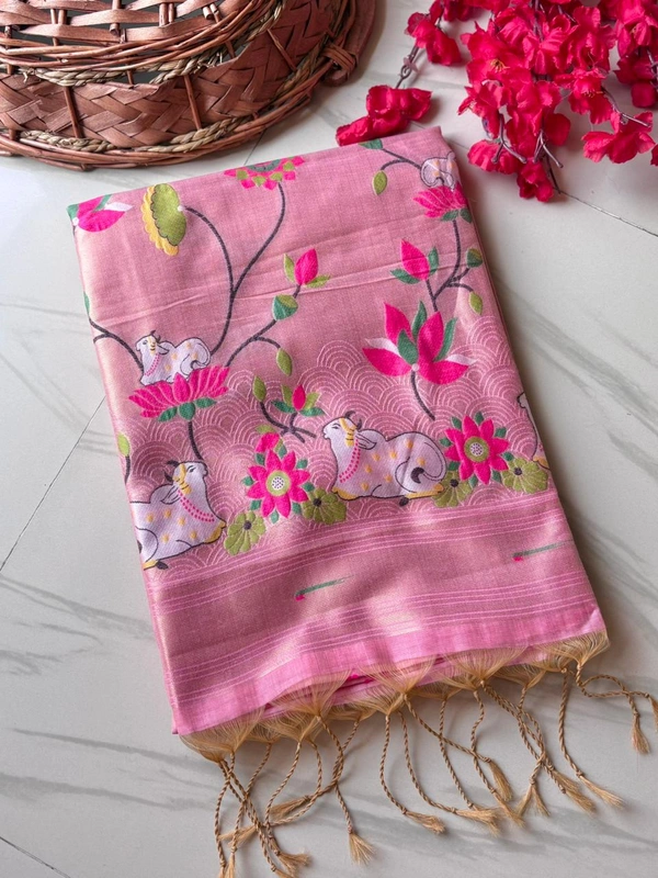Shanaya Soft Linen Cotton Saree with Zari Woven Muniya Border & Pichwai Art