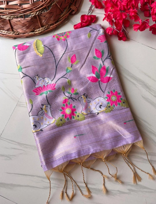 Shanaya Soft Linen Cotton Saree with Zari Woven Muniya Border & Pichwai Art