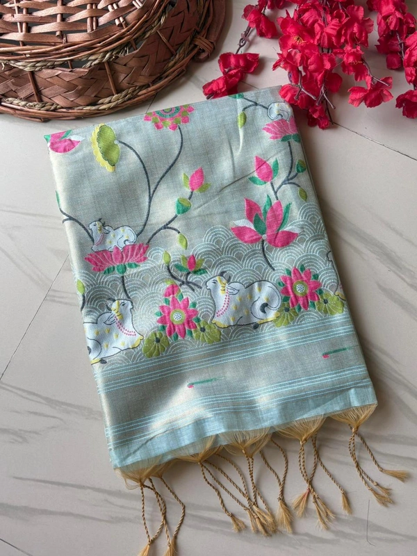 Shanaya Soft Linen Cotton Saree with Zari Woven Muniya Border & Pichwai Art